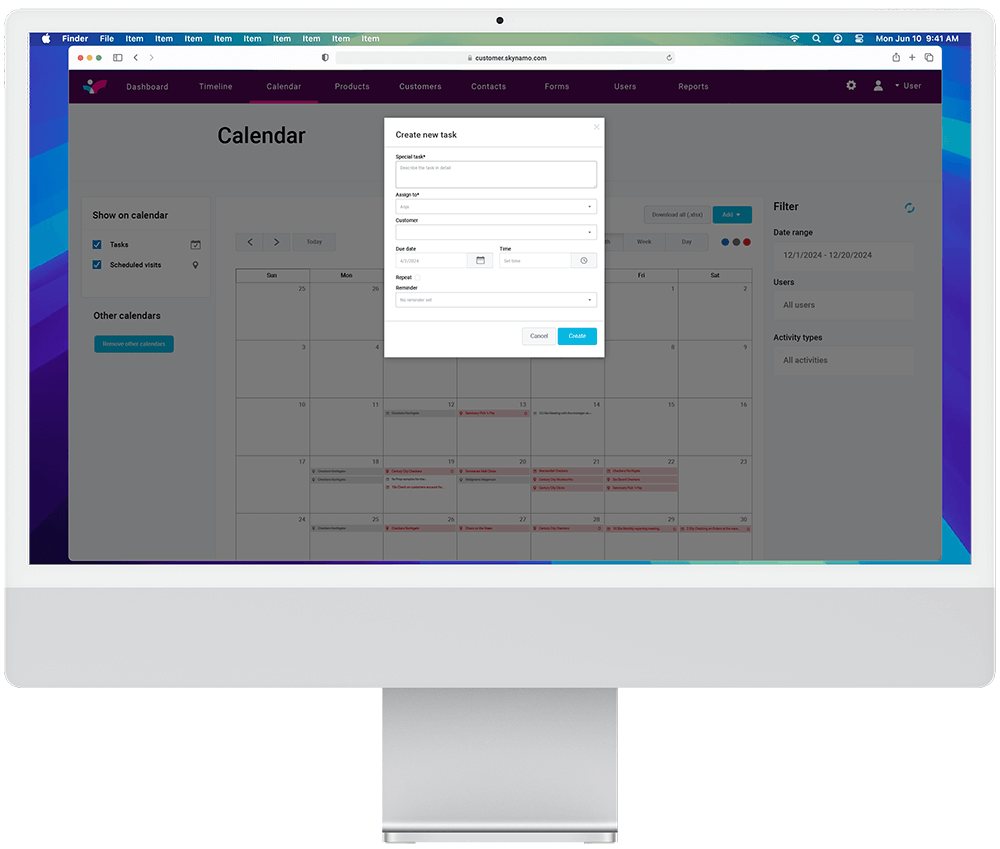 Skynamo Calendar New Task on desktop